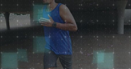 Animation of male runner with prosthetic leg over grid and data processing - Powered by Adobe