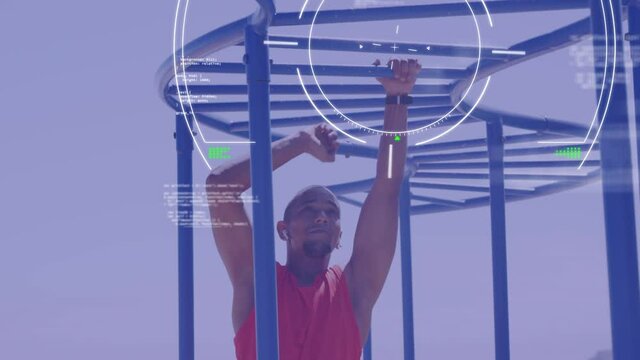 Animation of rotating scanner and processing data over male athlete exercising on monkey bars