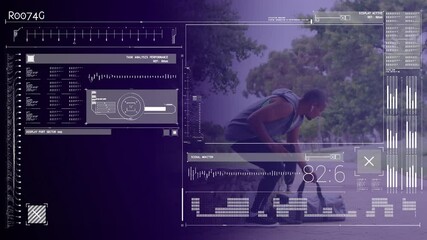 Animation of interface and processing data over male athlete with running blade walking outdoors - Powered by Adobe