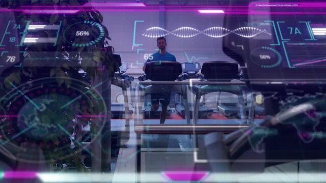 Animation of glowing interface processing data over man using running machine at gym