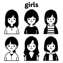 人物イラストセット_かわいい私服の女の子_モノトーン