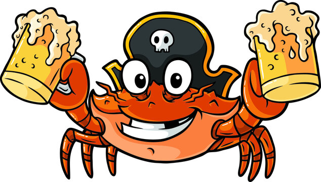 Vector Cartoon Happy Pirate Crab With Beer