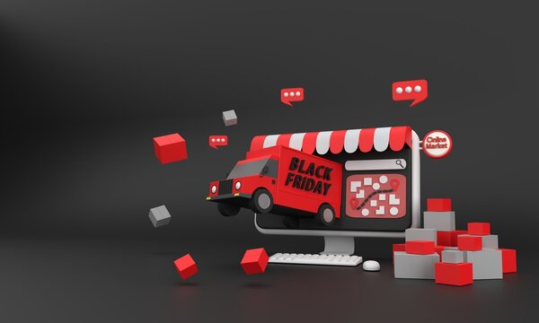 3d. Black Friday. E-commerce concept, Shopping online and delivery service on computer application, Transportation high-speed delivery by truck,