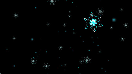 snowflake six star branch short thorn large wing falling on black isolated, ice dust particles element for Christmas background
