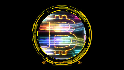bitcoin cryptocurrency and futuristic rainbow digital laser transfer
