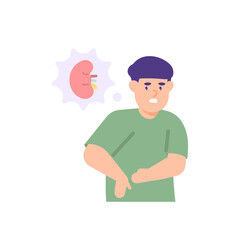 illustration of a man holding his waist because he feels pain in the stomach and also in the back of the body. suffering from kidney infection, kidney failure, low back pain, ulcers. flat cartoon