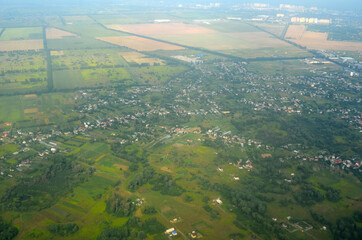 Aerial view of countryside from airliner. Kiev Region.