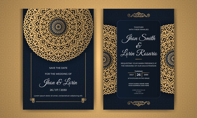 Luxury modern wedding invitation card design with golden mandala and pattern abstract