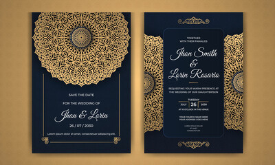 Modern and elegant wedding invitation card design with golden mandala and pattern