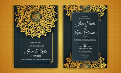 Modern wedding invitation card design with golden mandala and pattern