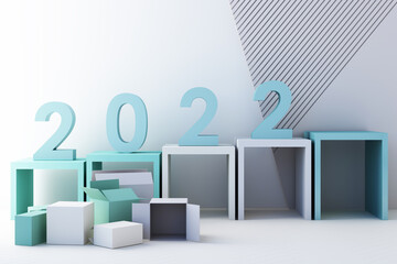 Letters of 2022 in the concept of New Year, blue tones, surrounded by geometric shapes for displaying the products and gift boxes with transparent balls. 3d rendering