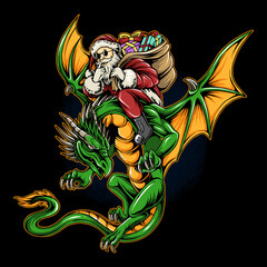 christmas santa claus on a flying dragon carrying christmas gifts