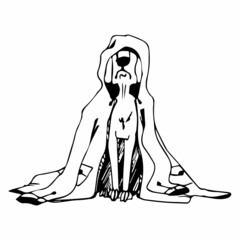 Vector illustration of dog wearing an oversize coat.Isolated charecter, ink outline imitation,monochrome design for books,print,web design,stickers