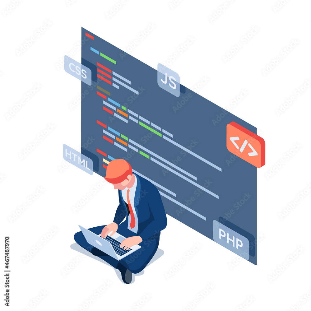 Poster isometric businessman as a programmer working on laptop to coding
