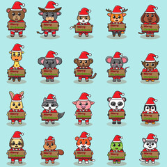 Vector illustration of Cute Animal  Santa Claus with Merry Christmas sign. Christmas design element. Vector illustration isolated on light blue background. Good for icon, label, sticker, clipart.