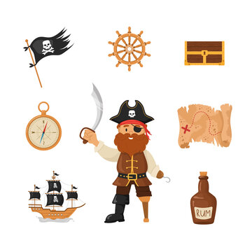 Bundle of pirate items. Man in pirating costume, lighthouse, flag, saber, ship, treasure chest. Piracy collection isolated on white background. Childish vector illustration in flat cartoon style.