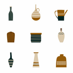 Vase vector decorative ceramic pot and decor glass ceramics. A set of empty vessels, in a flat style isolated on a white background.