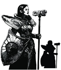 A beautiful paladin woman with a cute scarred face, standing in an ancient temple in armor shining in the sun, she has a shield with a lion and a hammer with a skull, she is a holy warrior. 2d