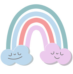 Boho rainbow with cute clouds. Vector rainbow illustration, kids clipart. Boho rainbow, modern trendy rainbow illustration in pastel colors.
