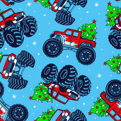 Monster truck cars with Christmas tree seamless pattern. © Marina Smorodinskaya