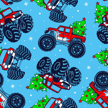 Monster truck cars with Christmas tree seamless pattern.