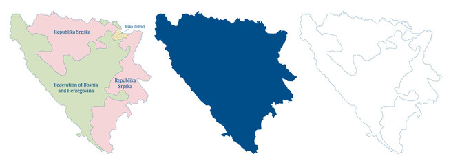 Bosnia and Herzegovina political map. High detailed vector outline, blue silhouette and administrative divisions. Federation of Bosnia and Herzegovina. Republika Srpska. Brčko District. Vector 