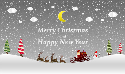 Fototapeta na wymiar Vector Illustration. Holiday deer, Merry Christmas and Happy new year typographical on background with winter landscape with snowflakes, light, moon, clouds, stars. Xmas card.