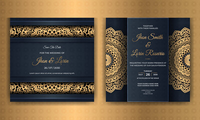 Golden luxury wedding invitation card design with ornamental mandala