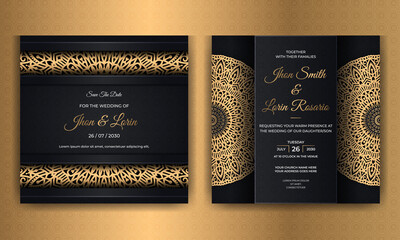 Black square wedding invitation card design with golden mandala pattern