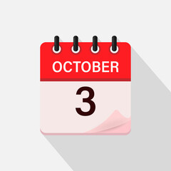 October 3, Calendar icon with shadow. Day, month. Flat vector illustration.