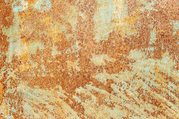 The surface of the painted old rusty iron sheet. Construction and repair. Background. Space for text. Close-up.