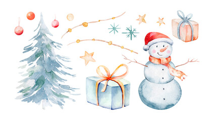 Watercolor Merry Christmas illustration with snowman, christmas tree, santa holiday invitation. Christmas gift celebration cards. Winter new year design.