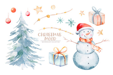 Watercolor Merry Christmas illustration with snowman, christmas tree, santa holiday invitation. Christmas gift celebration cards. Winter new year design.