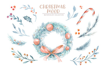 Watercolor Merry Christmas illustration with snowman, christmas tree, santa holiday invitation. Christmas gift celebration cards. Winter new year design.