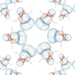 Watercolor Merry Christmas seamless pattern snowman, christmas tree, santa holiday invitation. Christmas gift celebration cards. Winter new year design.