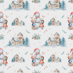 Watercolor Merry Christmas seamless pattern snowman, christmas tree, santa holiday invitation. Christmas gift celebration cards. Winter new year design.