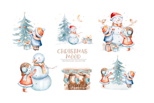 Watercolor Merry Christmas illustration with snowman, christmas tree, santa holiday invitation. Christmas gift celebration cards. Winter new year design.