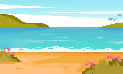 Tropical lagoon with islands landscape. Natural resort with blue ocean surf and yellow sandy beach with plants colorful decoration with clouds for relaxation and travel. Vector cartoon illustration.