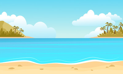 Colorful tropical beach with sea lagoon landscape. Yellow sand with stones and islands with palm trees on horizon and blue sky with clouds exciting travel and summer tourism. Seaside cartoon vector.