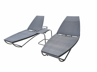 Two large chaise longues by the pool for sunbathing and relaxing on isolated white background.