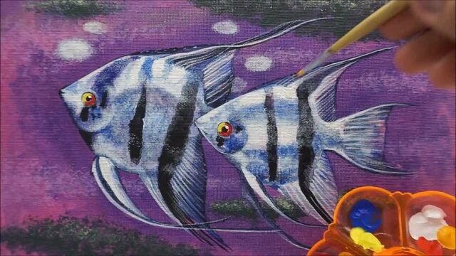 Oil painting of Fancy Angel fish pictures Auspiciousness , Palette , paintbrush 
