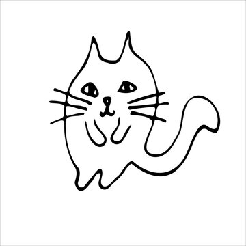 Doodle cat is a hand-drawn vector. Funny mustachioed cartoon kitten. Black scribbles on a white background