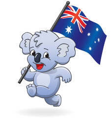 cute happy koala running holding australian flag