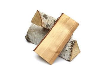 Several logs of birch firewood lie on a white background.