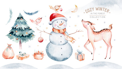 Watercolor Merry Christmas illustration with snowman, christmas tree , snowman, holiday cute animals bunny rabbit, rabbit and baby deer . Christmas celebration cards. Winter new year design.