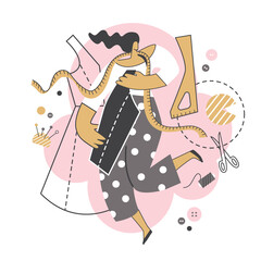 Seamstress, dressmaker, designer, fashion designer. Profession. Sewing accessories, vector illustration.