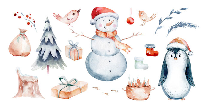 Watercolor Merry Christmas illustration with snowman, christmas tree , snowman, holiday cute animals bunny rabbit, rabbit and baby deer . Christmas celebration cards. Winter new year design.