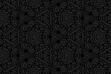 Embossed black background design, original banner with geometric volumetric convex ethnic 3D pattern. Oriental, Indonesian, Mexican, Aztec style, handmade technique, art deco.