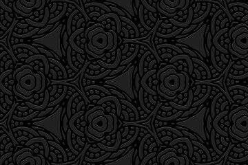 Embossed black background design, elegant banner with geometric volumetric convex ethnic 3D pattern. Oriental, Indonesian, Mexican, Aztec style, handmade technique, art deco.