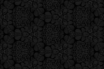 Embossed black background design, unique banner with geometric volumetric convex ethnic 3D pattern. Oriental, Indonesian, Mexican, Aztec style, handmade technique, art deco.